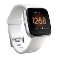 Product render of Fitbit Versa Lite Edition, 3QTR view, in White and Silver