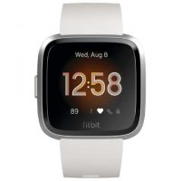 Product render of Fitbit Versa Lite Edition, front view, in White and Silver